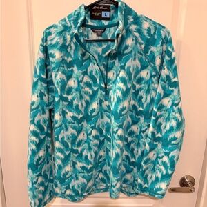 Eddie Bauer Teal & White Patterned Teddy Fleece Quarter-Zip Jacket